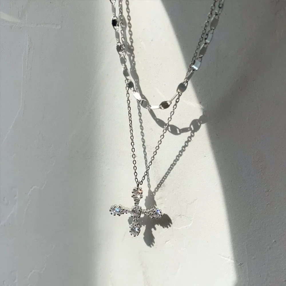 #NEW 925 Sterling Silver Diamond Cross Double Layer Necklace
